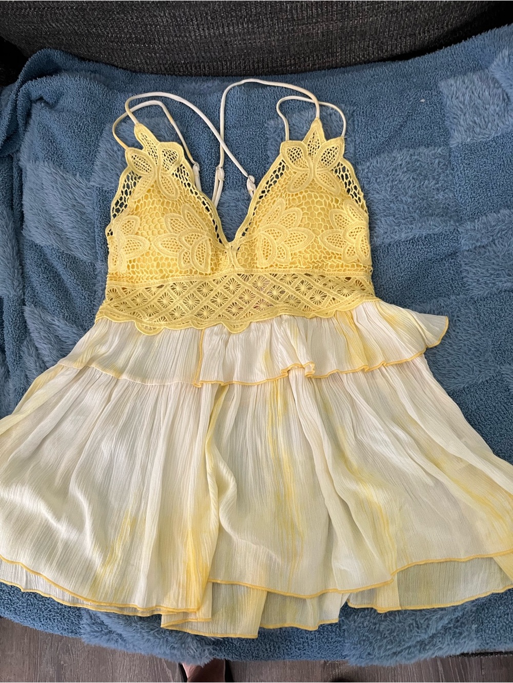 LA MIEL Yellow Crochet Bodice Tiered Mini Dress